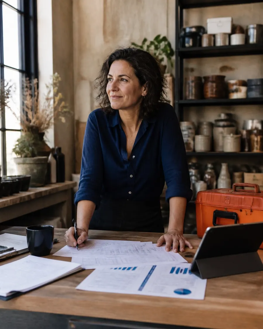 Small business owner reviewing financing options beside business equipment