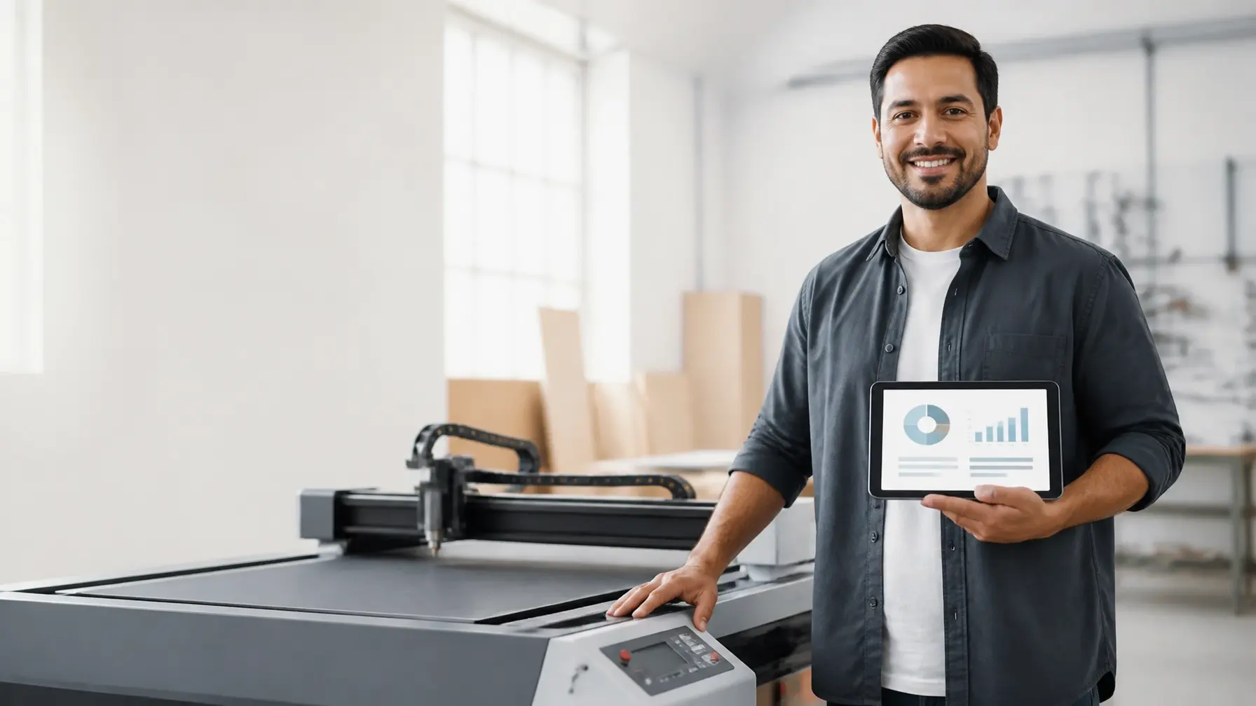 Small business owner standing beside a commercial cutting machine and reviewing an equipment plan