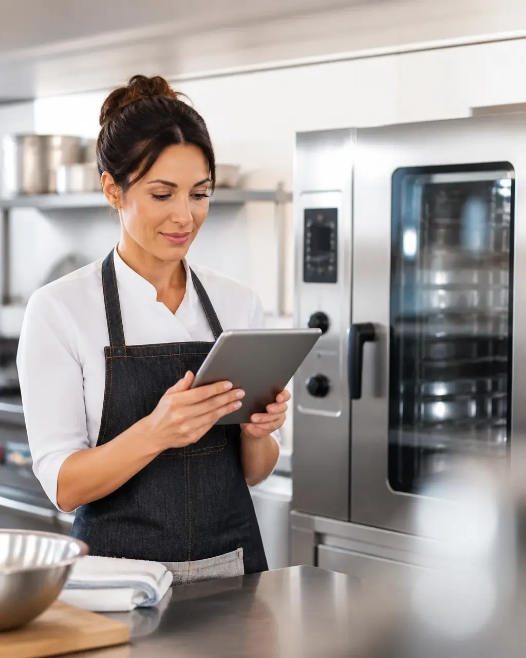 Small-business owner reviewing an equipment quote and monthly budget beside a commercial oven