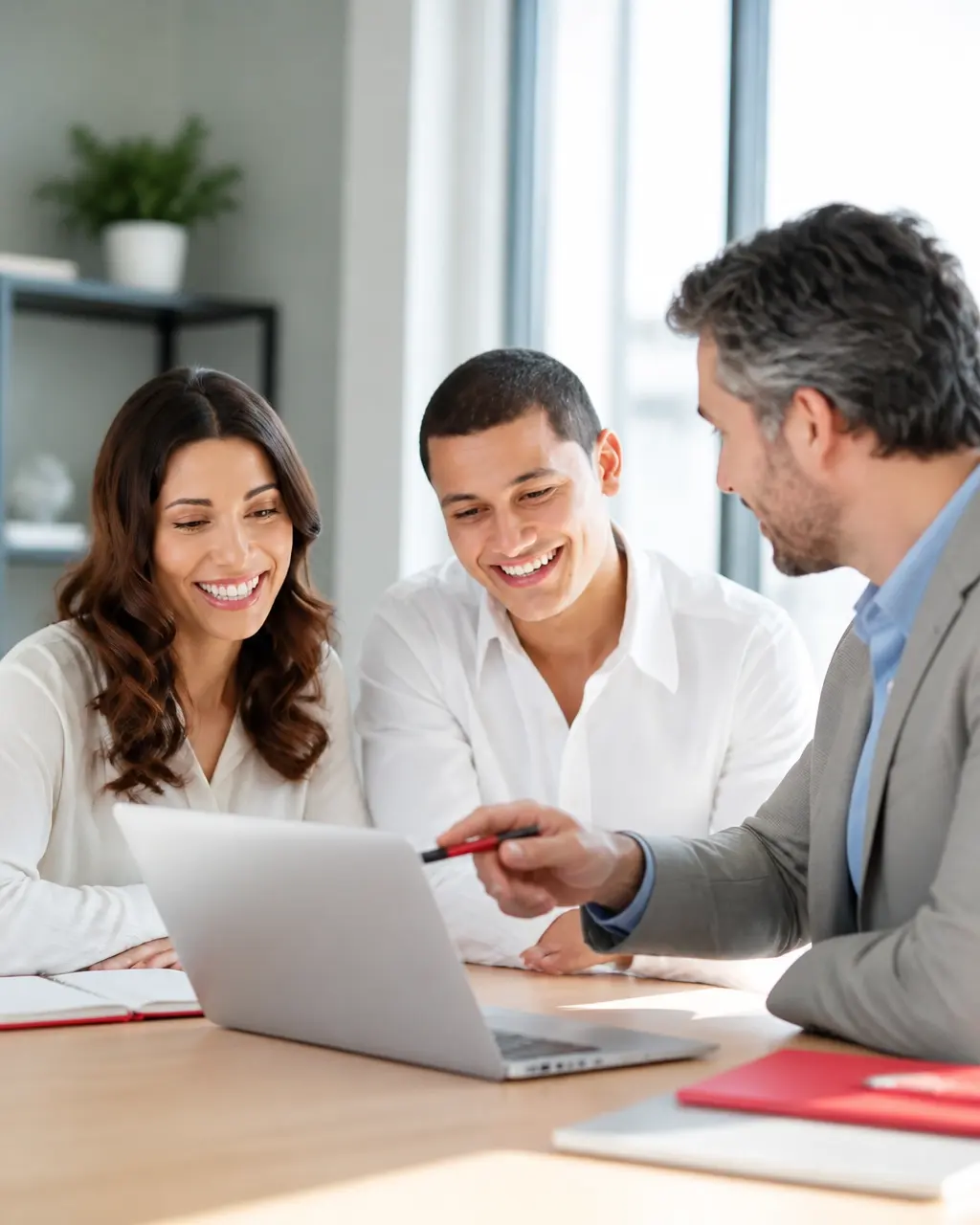 Business owners and a financial advisor comparing financing options on a laptop in a bright office