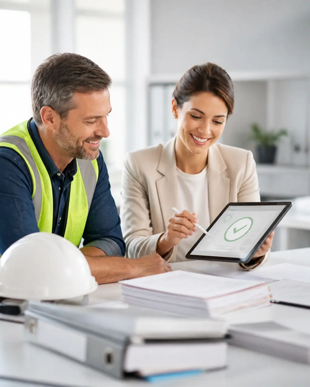 Construction business owner and office manager reviewing invoices and a funding plan