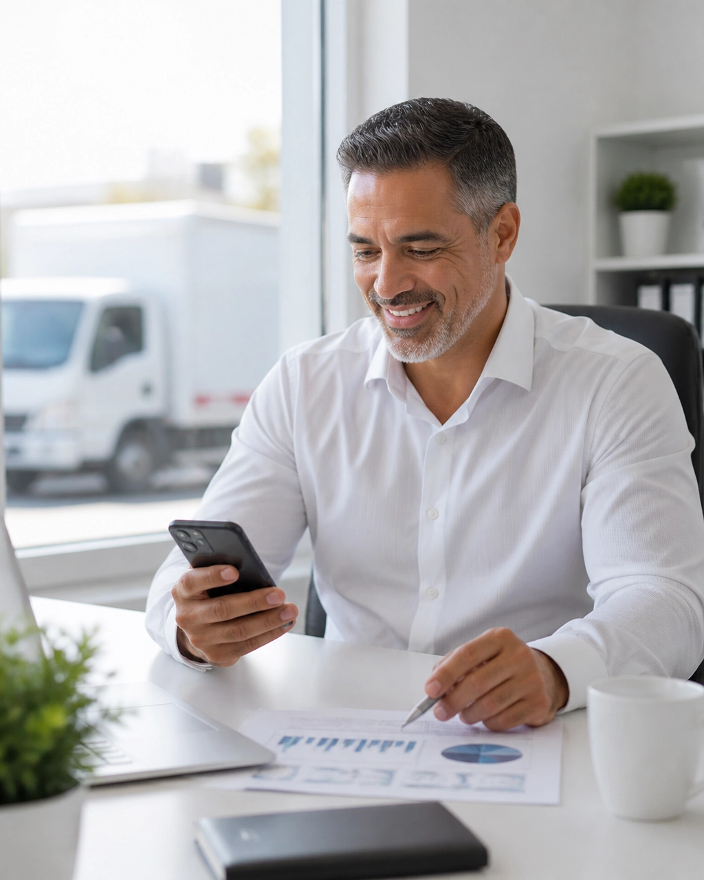 Transportation business owner reviewing a cash flow plan with a relieved expression